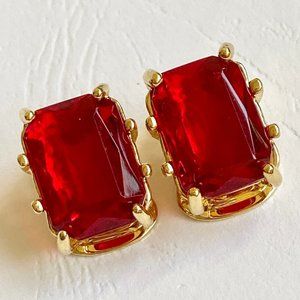 Vintage Red Glass Jewel Cut Gold Plated Clip On Earrings 1970s Made in USA New